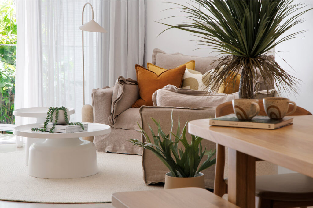 Beautiful living room decorated in earthy tones